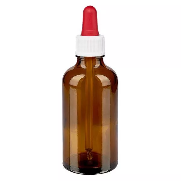 Pipetfles bruin 50ml, pipet wit/rood ST Pipetfles bruin 50ml, pipet wit/rood ST