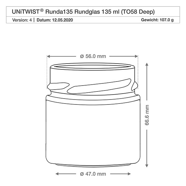 135ml rond glas zonder deksel (TO58deep) UNiTWIST UNiTWIST Runda135 rond glas 135ml TO58 Diepe technische tekening met afmetingen 56mm diameter 66,6mm hoogte