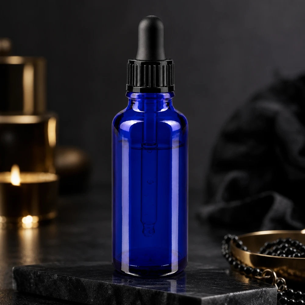 Apothekersflesje van 30 ml, kobaltblauw, met een standaarddop van 11 mm en een pipet voor oliën en tincturen