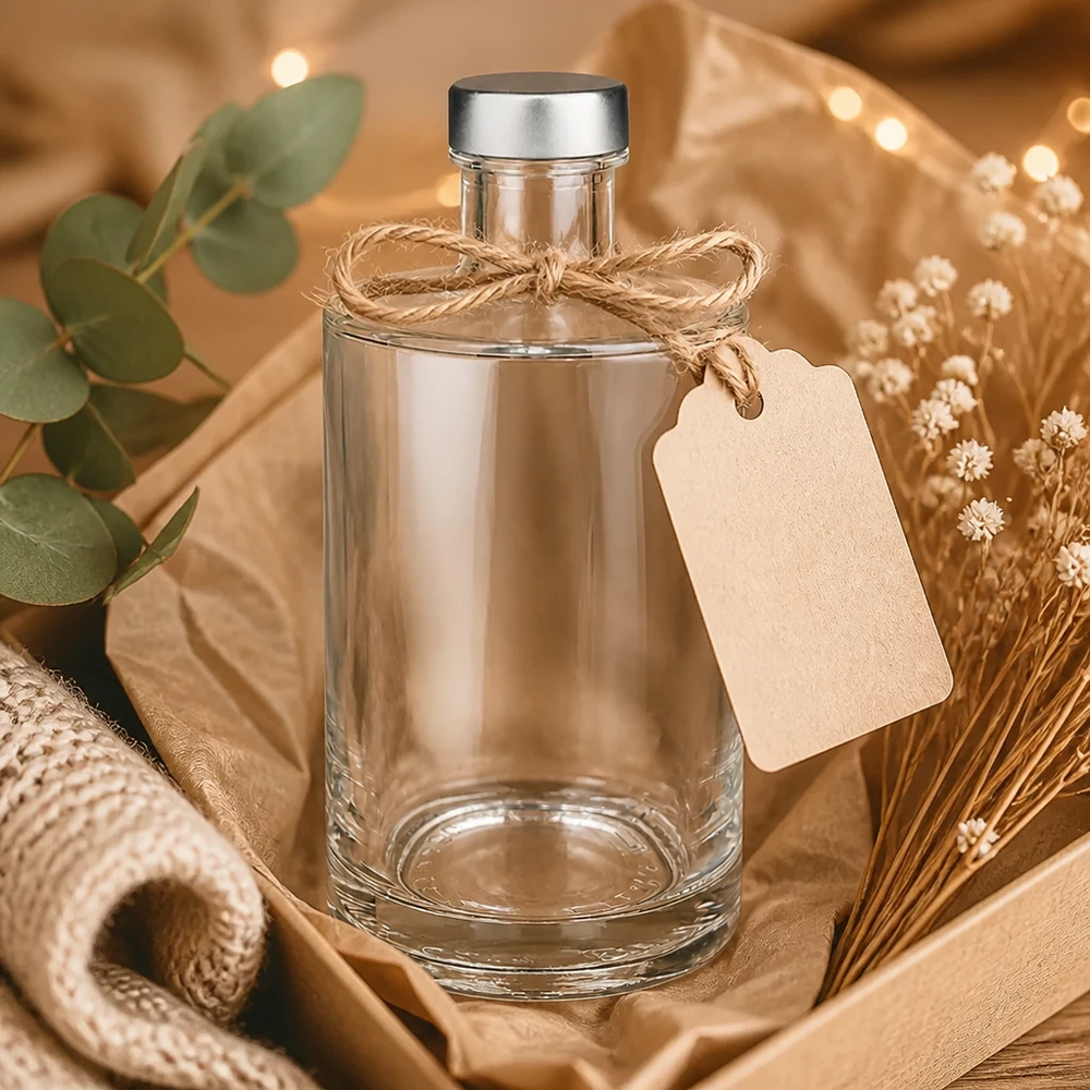 375 ml glazen fles Sam en schroefdop zilver UNiTWIST® 375ml Glasflasche Sam dekorativ inszeniert mit Bastschleife und Geschenkanhänger in gemütlichem Wohnambiente