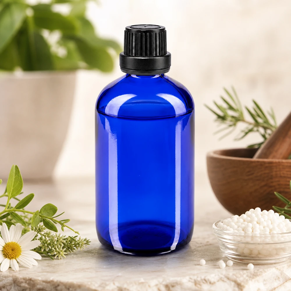 Blauw flesje van 100 ml ApoGlas met een druppelopening van 2 mm, omringd door homeopathische bolletjes