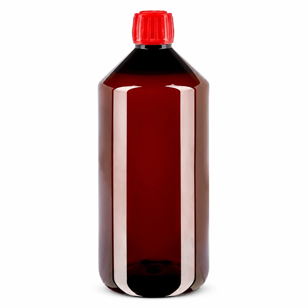 1000 ml PET medicijnfles met verstuiver zwart GCMI 28/410 incl. dop transparant, standaard Chemicaliebestendige PET-fles van 1000 ml met UV-bescherming en rode originele dop