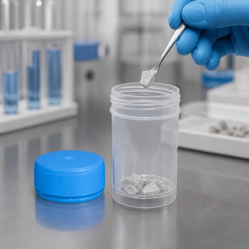 Blikje met schroefdeksel van 20 ml voor vaste monsters, met een blauwe nitrilhandschoen voor gebruik in een laboratoriumomgeving