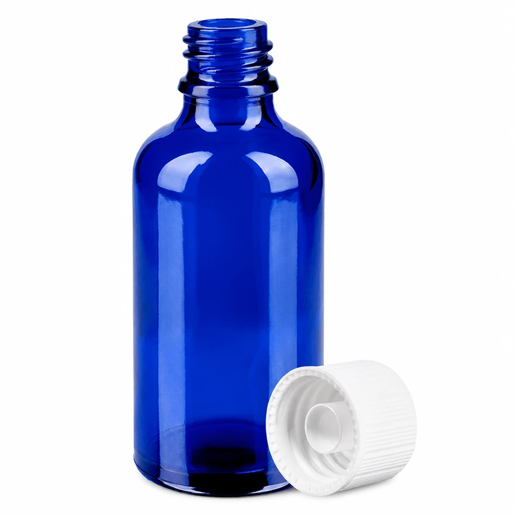 Hoogwaardige blauwe glazen fles 50ml met UV-bescherming en witte 11mm standaard dop