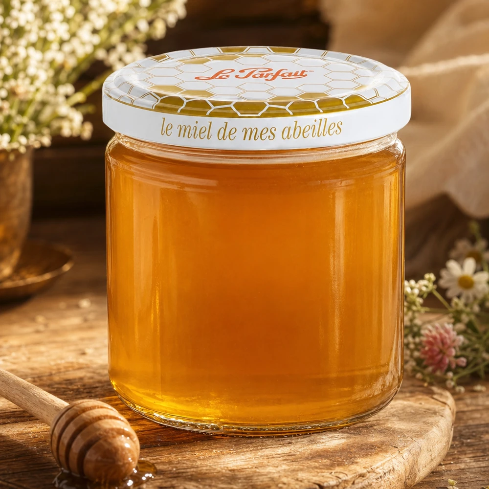 Le Parfait Honing voorraadpot 212ml gevuld met gouden honing op een houten plank met honinglepel en bloemen