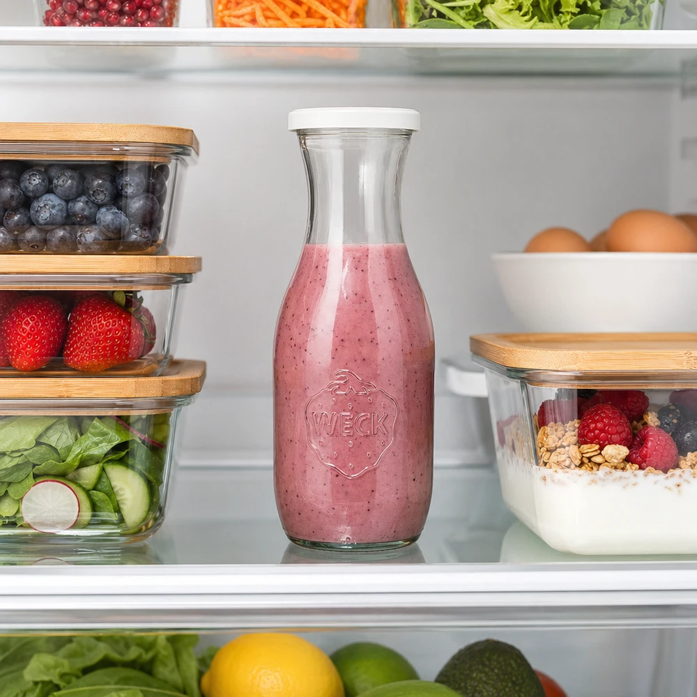 WECK sapfles 1062ml met bessensmoothie in de koelkast tussen vershoud- en bewaarcontainers