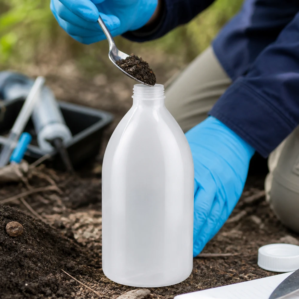Laboratoriumfles van 1000 ml met smalle hals; bij het nemen van monsters op de grond beschermende handschoenen dragen