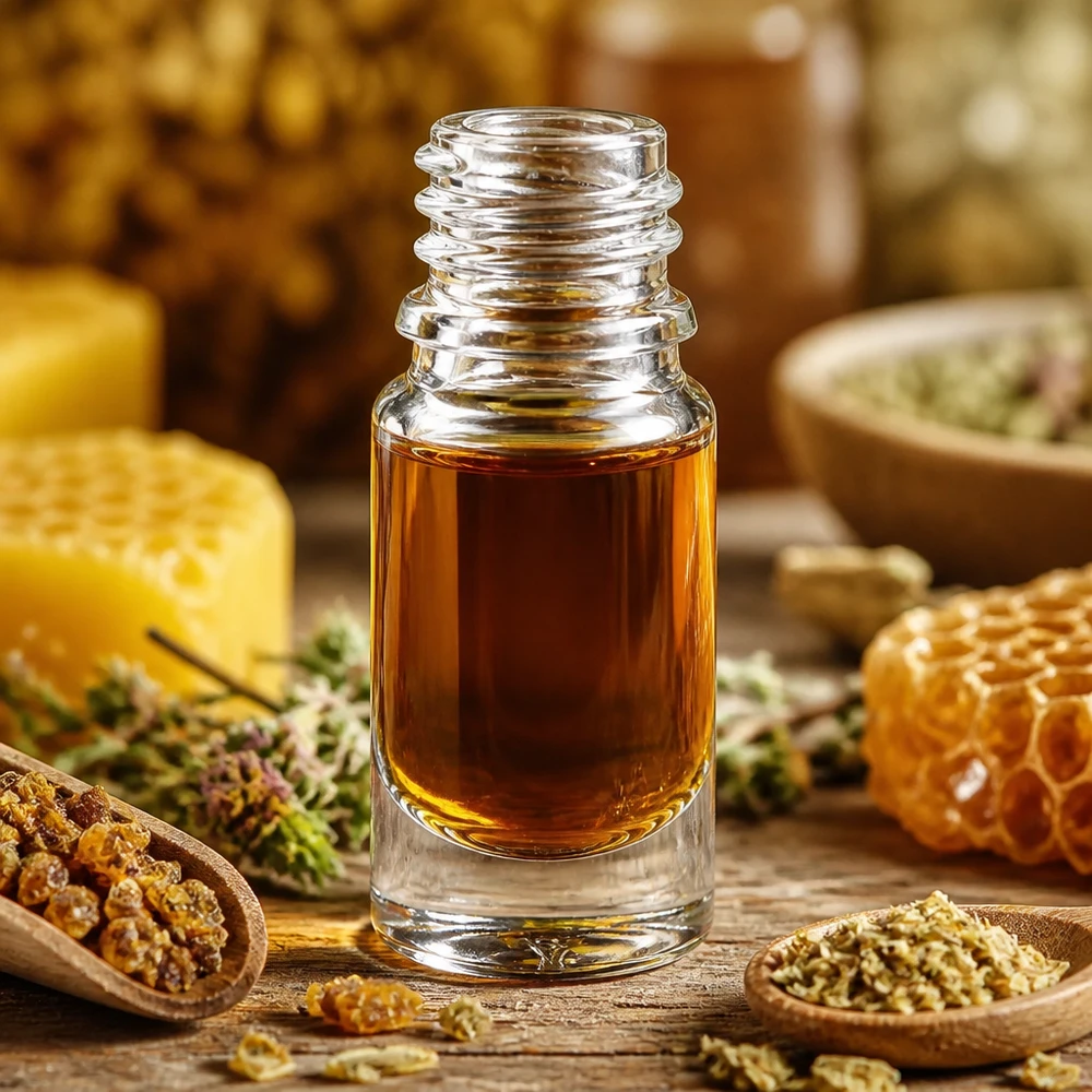 Hoogwaardige apothekersfles van 5 ml ApoGlas met honingkleurige inhoud op een rustieke houten tafel