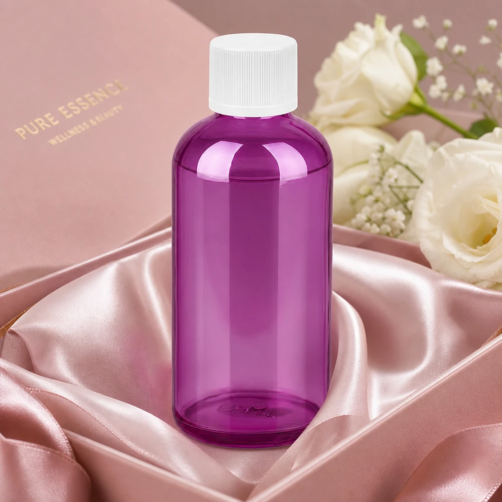 100ml fles 11mm schroefdop wit standaard kindveilige PurpleLine. UT18/100 Compacte paarse fles van 100 ml met UT18 schroefdraad, perfect voor portioneren en doseren