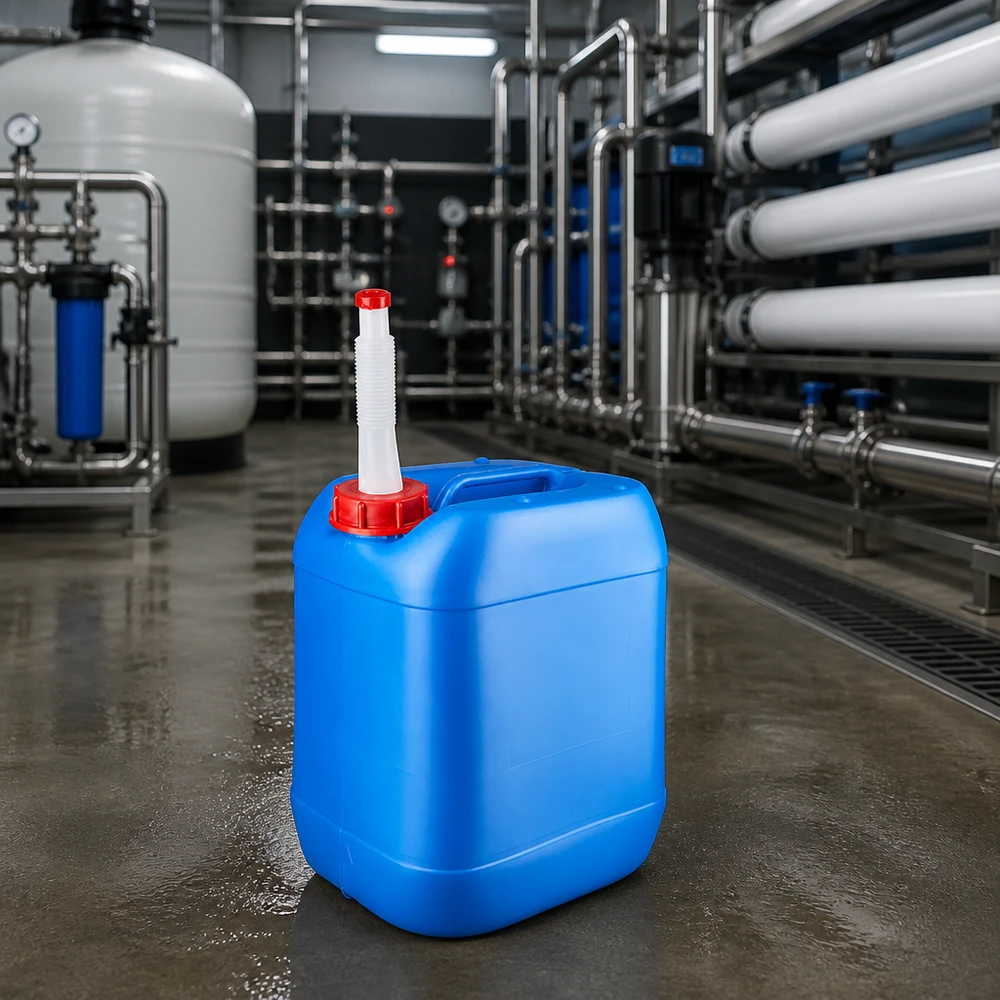 Door de VN goedgekeurde blauwe jerrycan van 20 liter met rode veiligheidssluiting en uitloopbuis