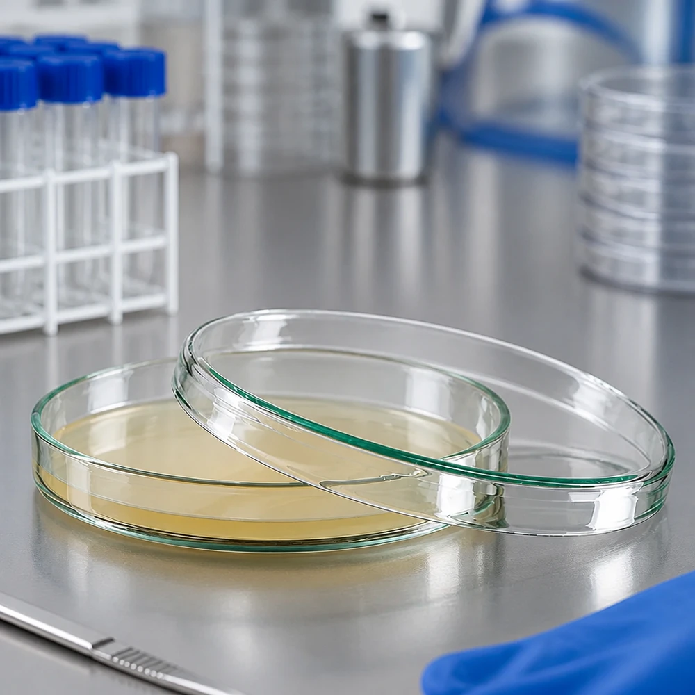 Glazen petrischaal van 100 x 15 mm met kweekmedium in het microbiologisch onderzoekslaboratorium