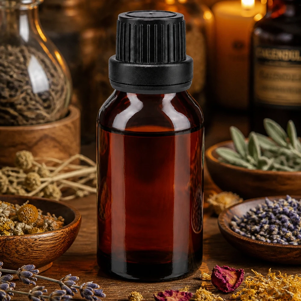 Compacte druppelfles van 15 ml, bruin glas, voor kruidenextracten, tincturen en plantaardige oliën