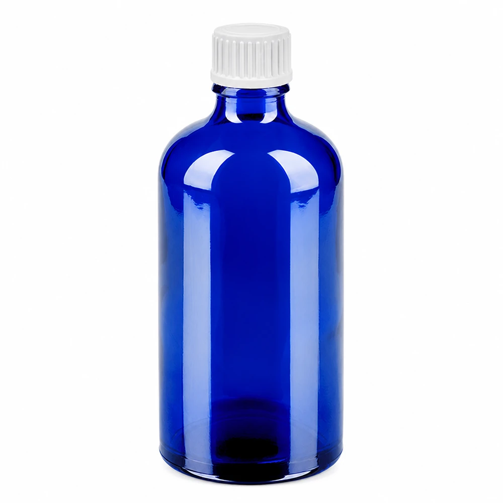Blauwe glazen fles van 100 ml met witte druppeldop voor aromatherapie en cosmetica