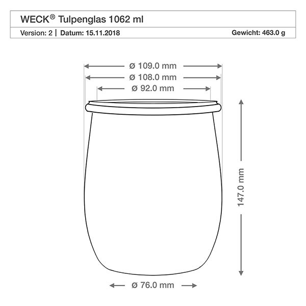 1062ml tulpenglas WECK RR100 met kurk WECK tulpenpot RR100 1062ml technische tekening met afmetingen diameter hoogte 147mm gewicht 463g specificatie