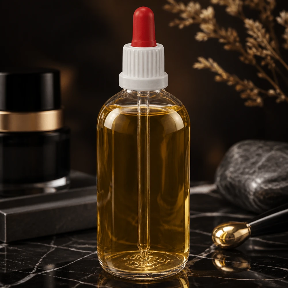 100ml pipetfles wit/rood OV ClearLine UT18/100 Goudgele olie in een ClearLine-glazen flesje van 100 ml met een witte pipetdop en een rood rubberen balletje