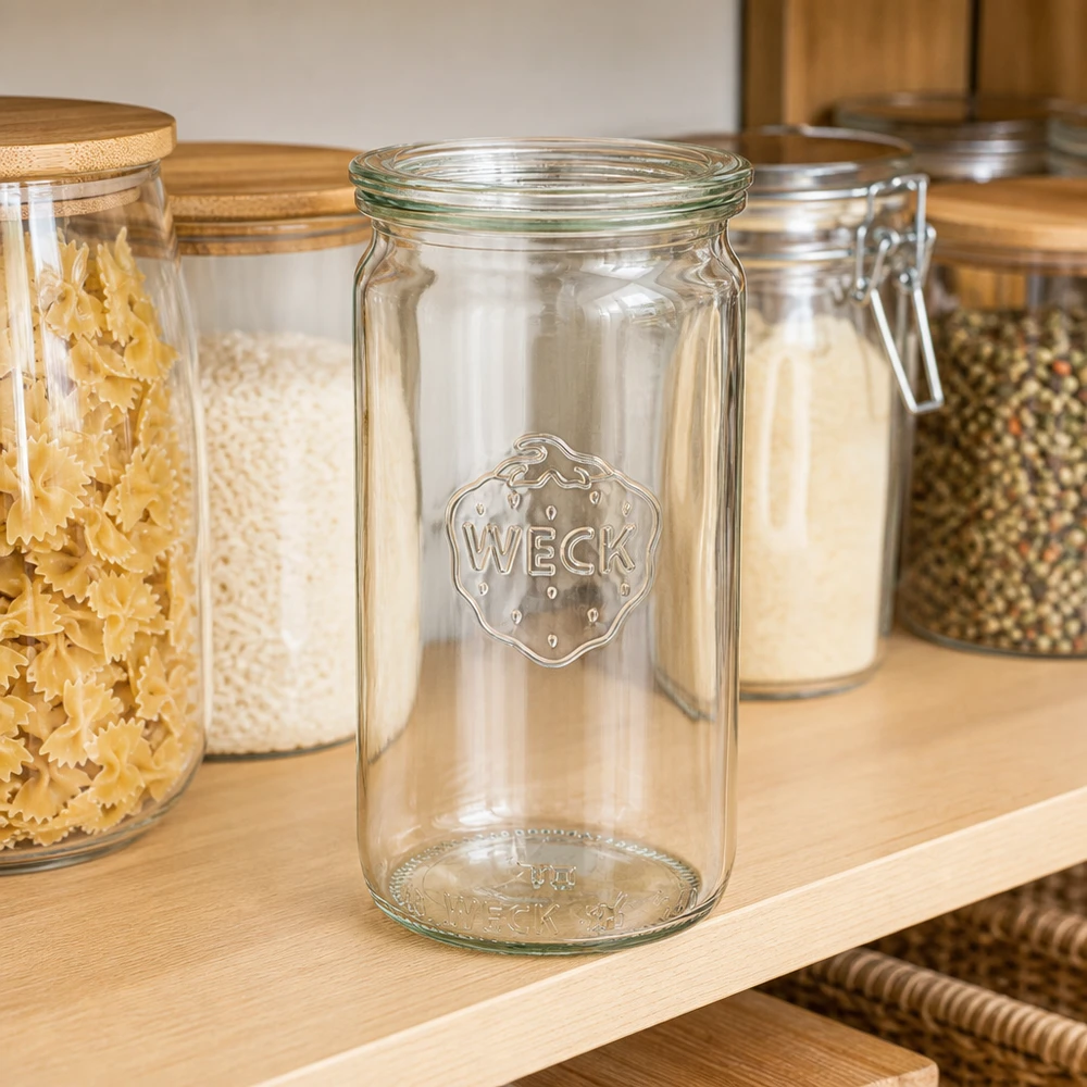 WECK cilinderpot 340ml RR60 leeg op voorraadplank naast potten gevuld met pasta en kruiden Keukenorganisatie