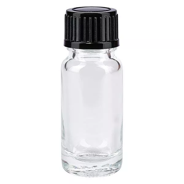 Helder glazen flessen 10ml met zwart druppelsluiting 1mm St Helder glazen flessen 10ml met zwart druppelsluiting 1mm St