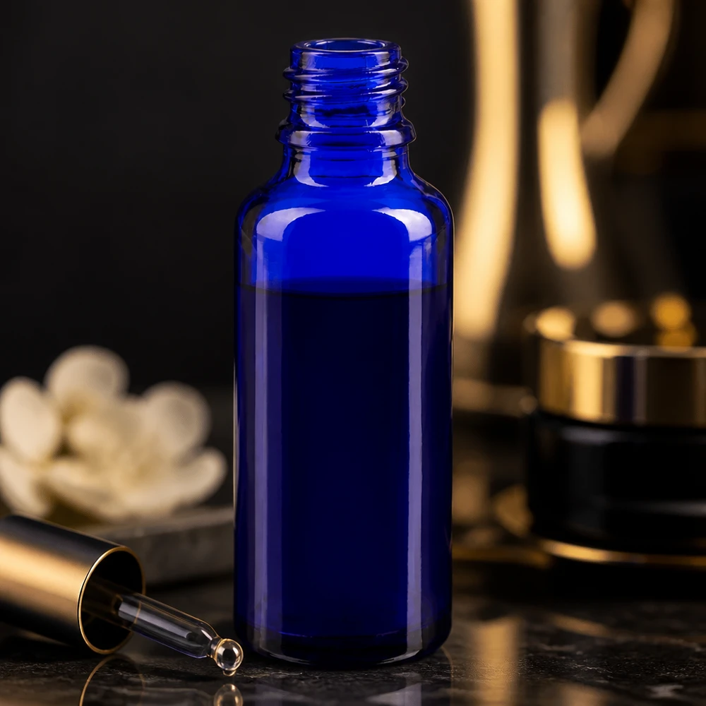 ApoGlas blauwe druppelfles van 30 ml met losgelegde glazen pipet op zwart marmer