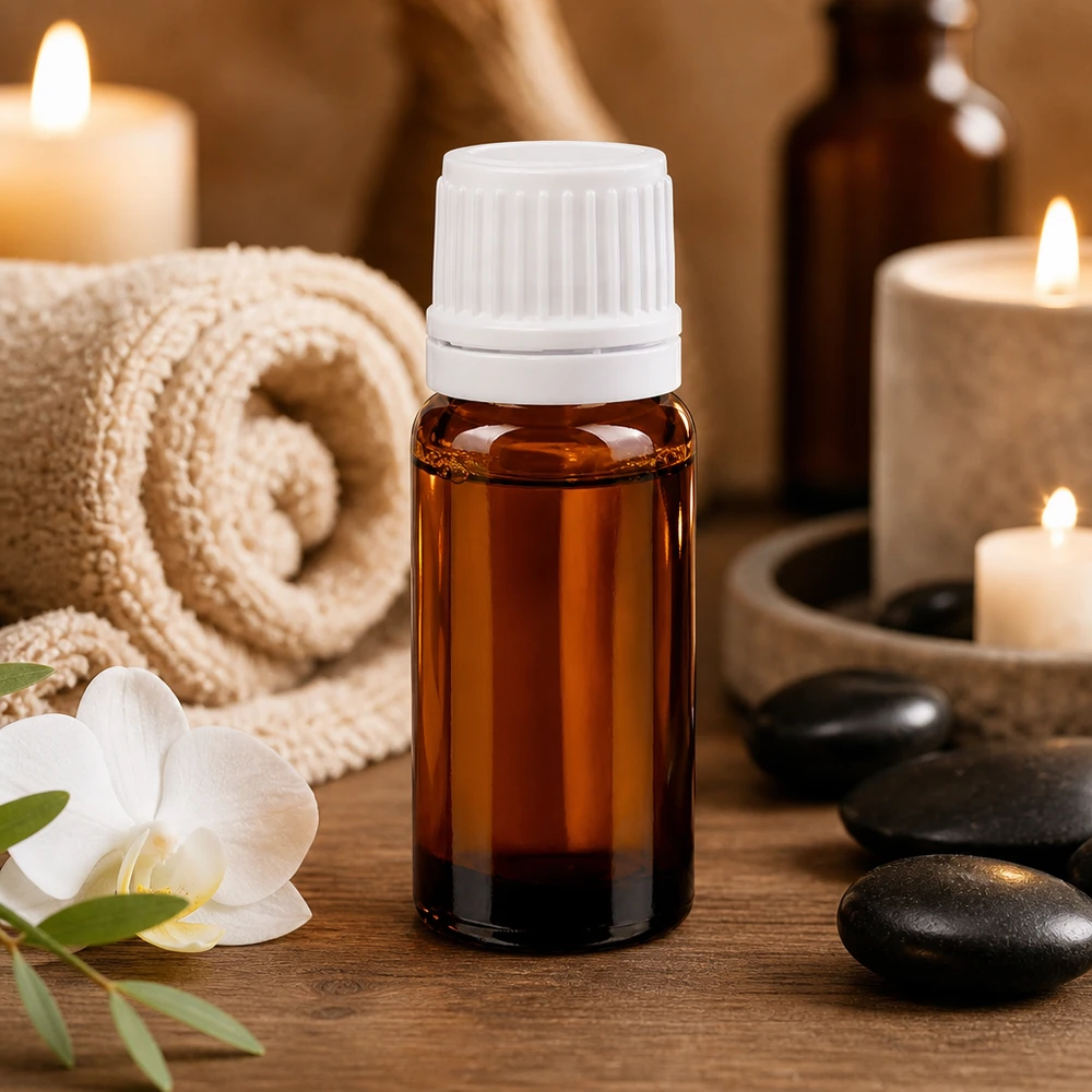 Bruine glazen fles 10ml met wit schroefsluiting VR Compacte bruine glazen fles van 10 ml met een geribbelde witte schroefdop voor aromatherapie