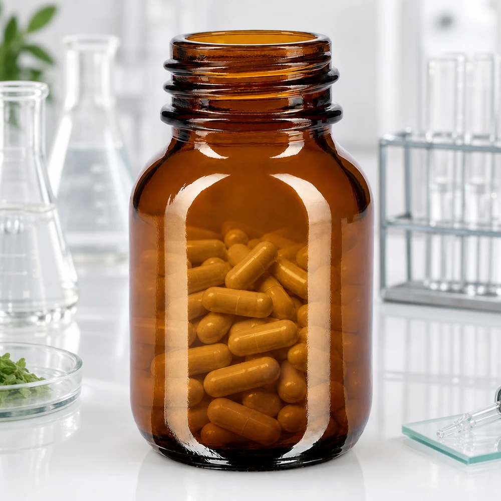 Bruin glazen flesje 50ml met wijde opening ideaal voor capsules en tabletten