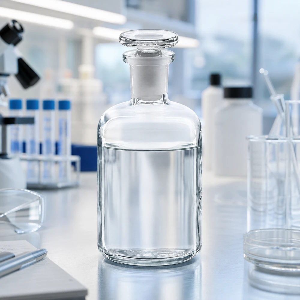 Apothekersfles van helder glas, 100 ml, cilindrische vorm, smalle hals, glazen stop, laboratoriumomgeving