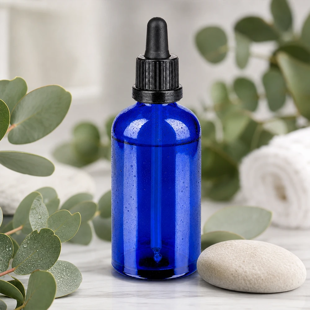 Stijlvolle pipetfles van blauw borosilicaatglas 100ml voor therapeutische toepassingen