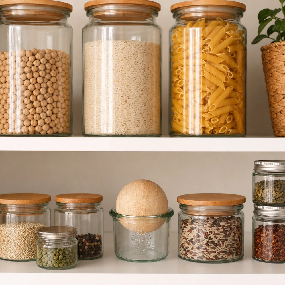 80ml stortglas WECK RR60 met houten bal WECK 80ml RR60 trommels met houten bal in een georganiseerde voorraadkast tussen pasta, rijst en kruiden