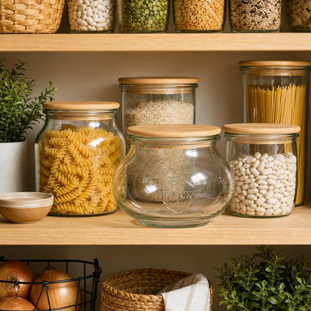 560ml juwelenglas WECK RR80 met hout deksel WECK pot 560ml RR80 met eiken deksel in georganiseerde voorraadkast naast pasta en bonen op houten plank
