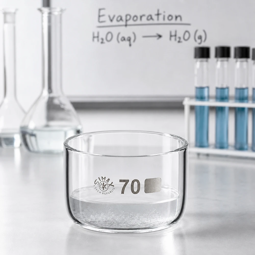 Kristalliseerschaal 100ml zonder schenktuit Laboratoriumschaal van hittebestendig borosilicaatglas met een diameter van 70 mm naast een Erlenmeyer-kolf op het laboratoriumblad