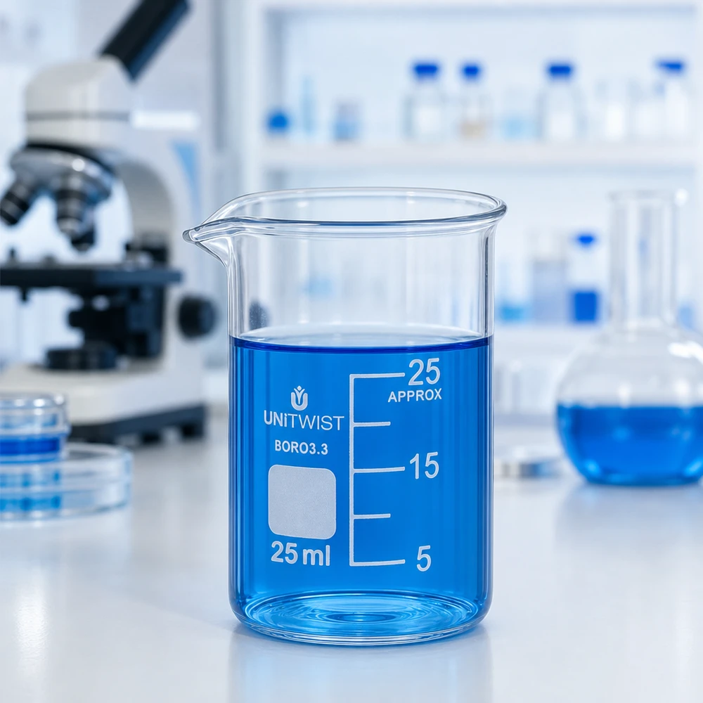 UNiTWIST-maatbeker van 25 ml met wit opschriftveld en nauwkeurige volumeschaal