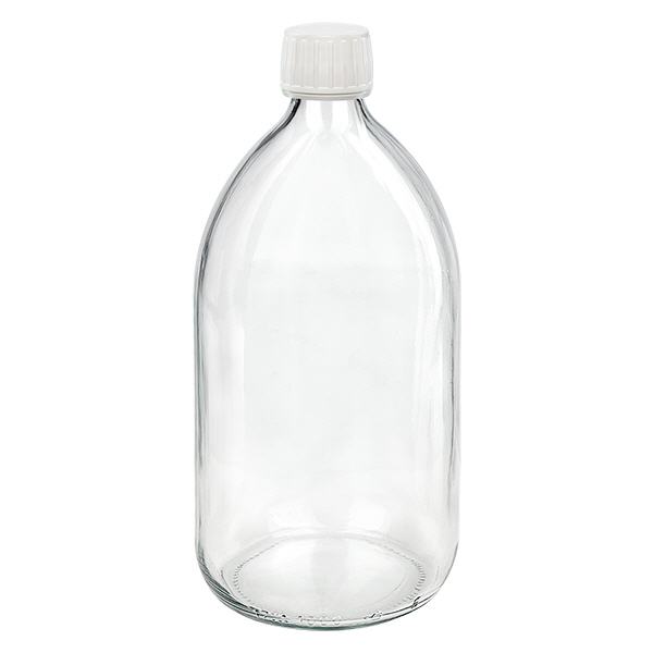 1000ml Euro-medicijnfles helder met witte schroefsluiting VR 1000ml Euro-medicijnfles helder met witte schroefsluiting VR