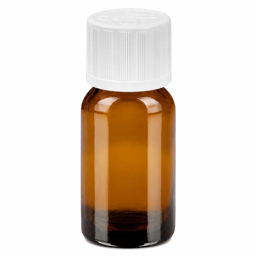 Amberkleurig glazen flesje van 10 ml met witte schroefdop voor laboratoriumtoepassingen en medicijnen