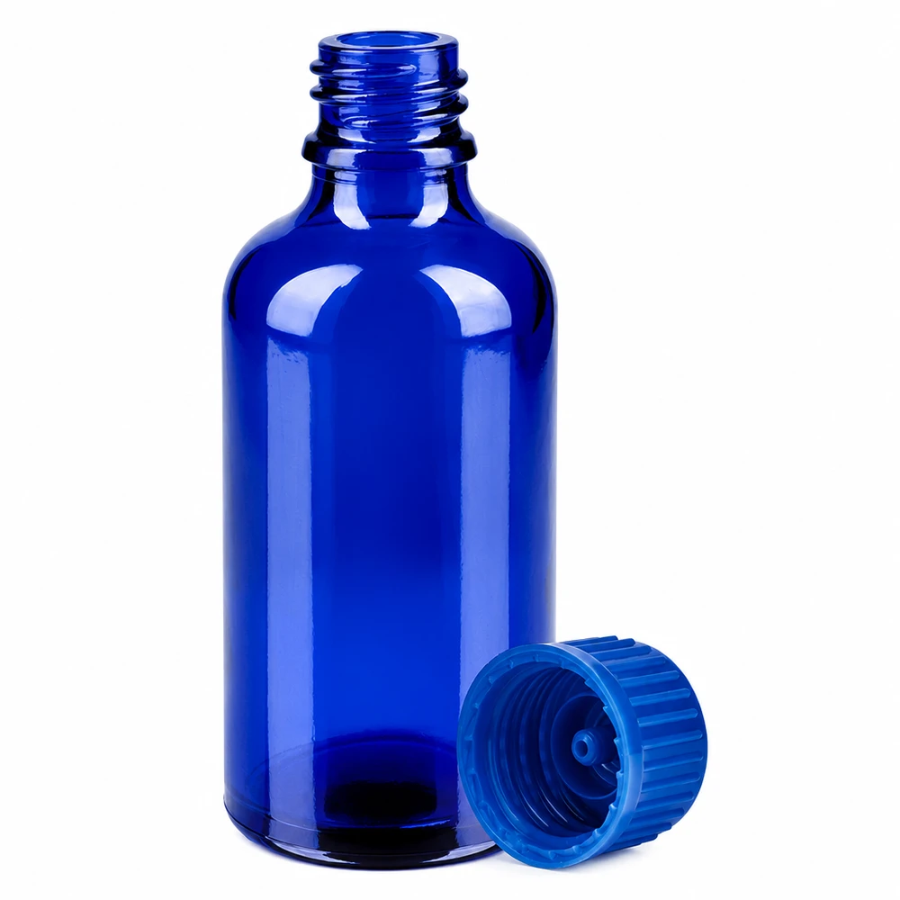 Klein blauw glazen opbergflesje van 50 ml met praktische schroefdop