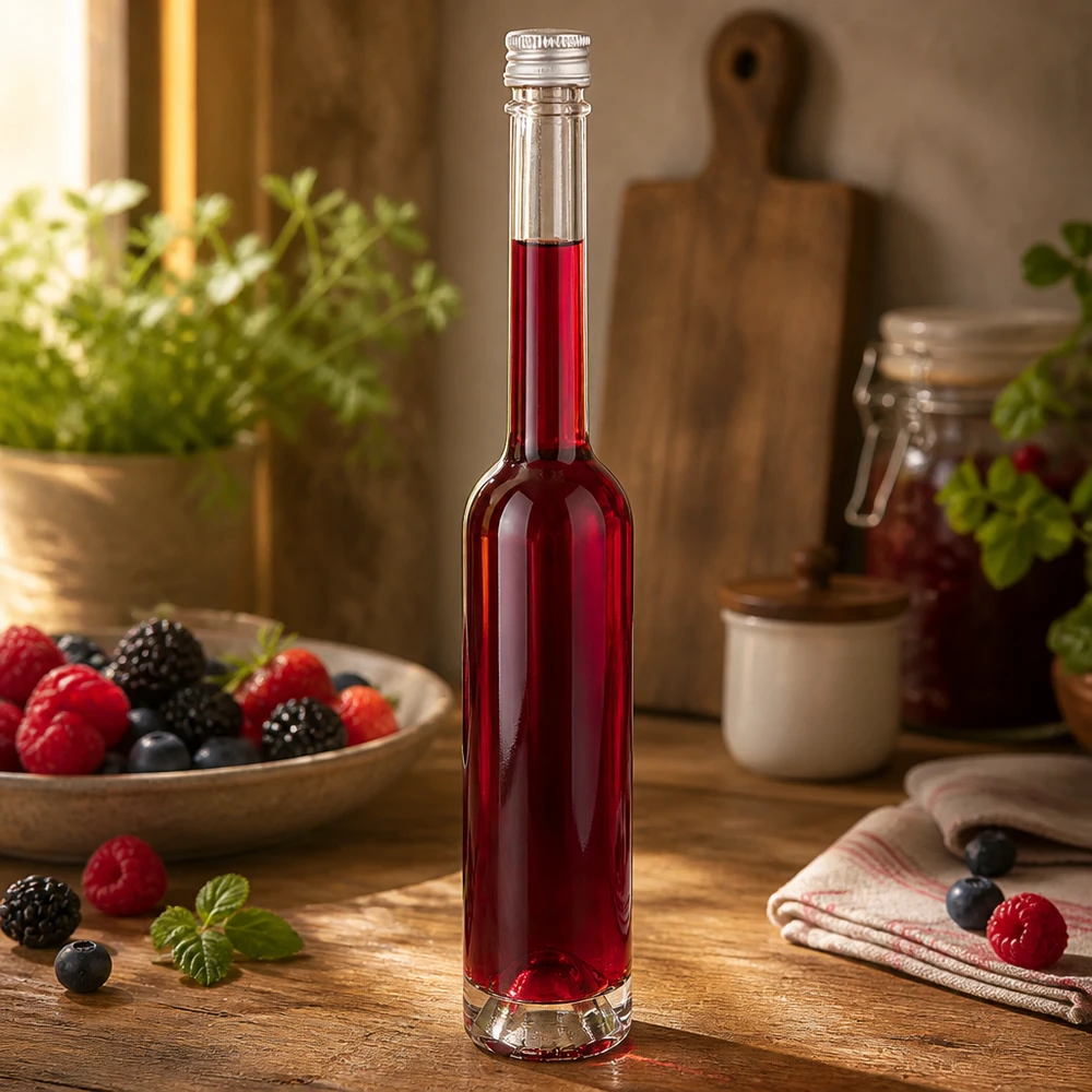 100 ml glazen Toni-fles met zilveren schroefdop - ideaal voor rode bessenlikeuren en fruitextracten