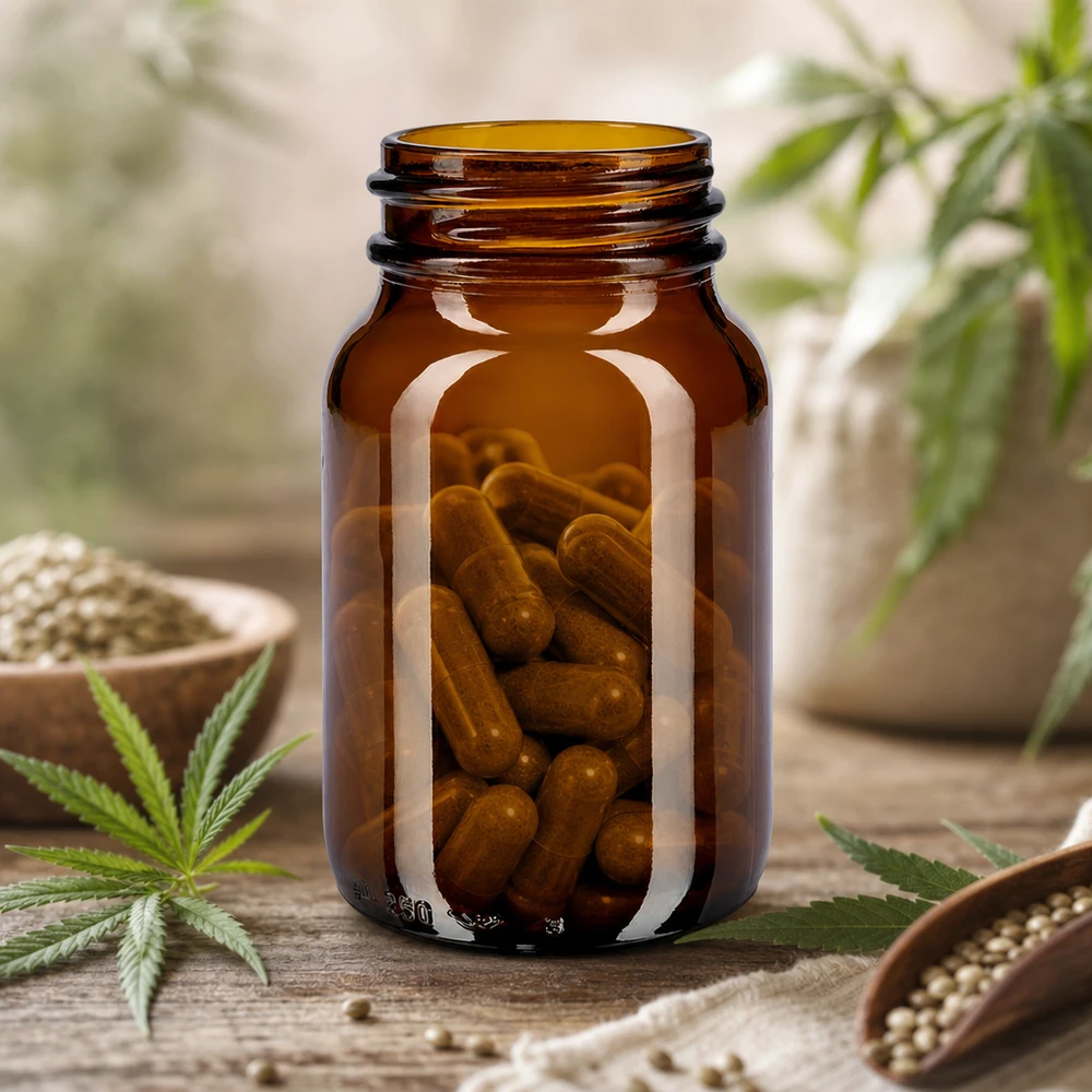 Brede halsfles 250ml van robuust amberkleurig glas voor het veilig bewaren van voedingssupplementen