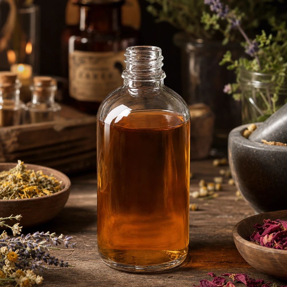 Doorzichtige glazen fles van 100 ml met amberkleurige inhoud, omringd door gedroogde bloemen en morser