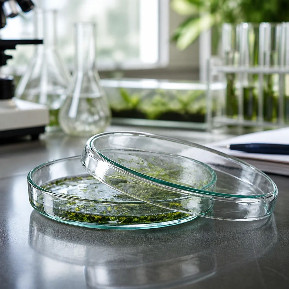 Petrischaal 90x15 mm van glas Doorzichtige petrischalen van 90 x 15 mm, op elkaar gestapeld, met groene weefselculturen in het plantenlaboratorium