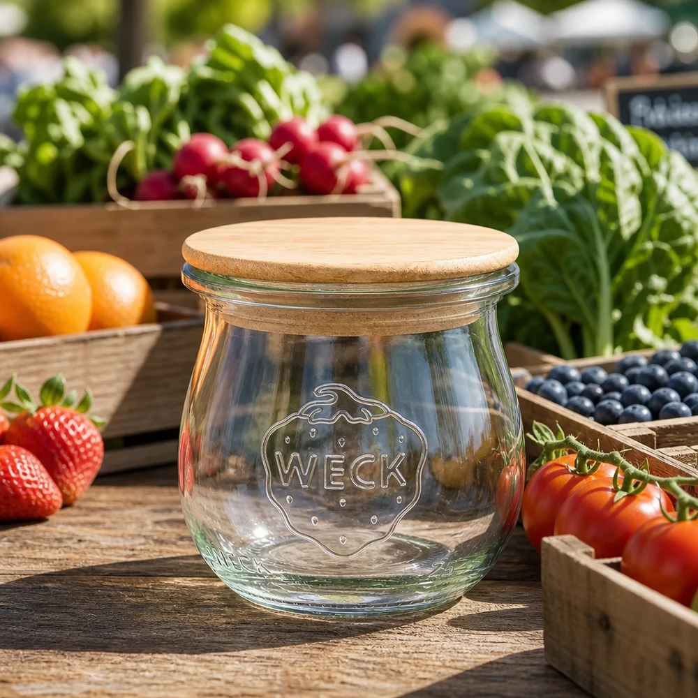 WECK-tulpglas 75ml met deksel WECK Tulpenglas 75ml mit Holzdeckel zwischen frischen Marktgemüse und Obst stilvolle Küchendeko Vorratsglas