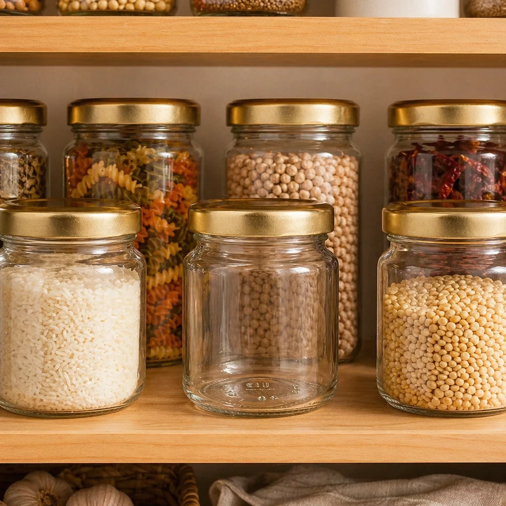 53 ml rond UNiTWIST potje met gouden deksel in een georganiseerde voorraadkast tussen potjes gevuld met kruiden