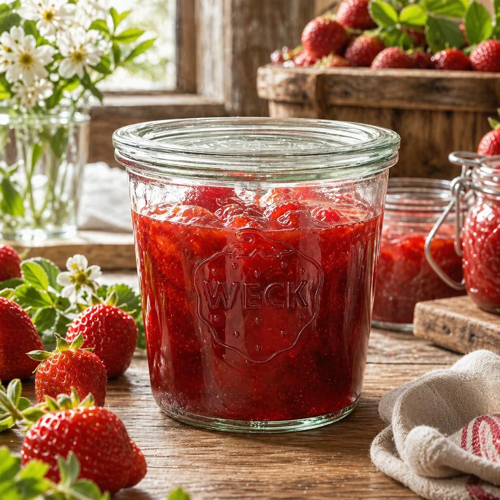 WECK inmaakpot 580ml gevuld met aardbeienjam in rustieke keuken met verse aardbeien en bloemen
