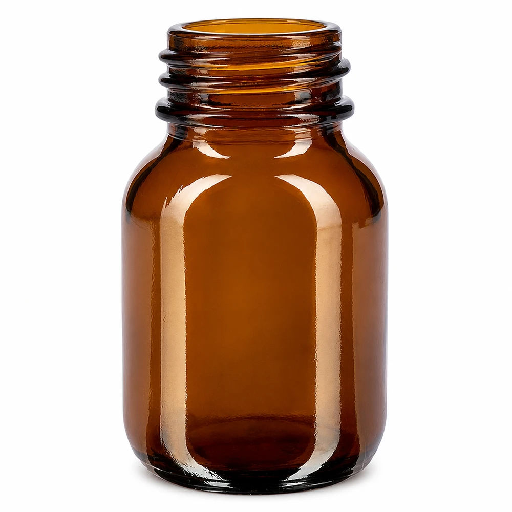 50ml fles met wijde hals van amberkleurig glas voor cosmetica en farmaceutica