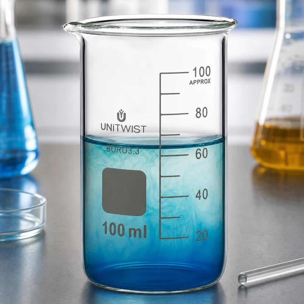 Wetenschappelijke maatbeker 100 ml, hoog model, borosilicaatglas, transparant, met tuit UNITWIST