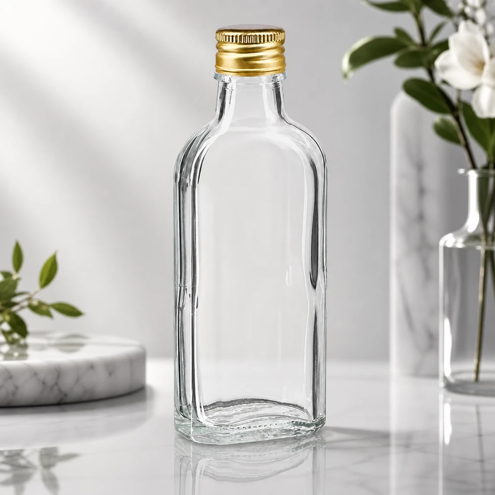 Meplat-flesje van helder glas, 100 ml, met een matgouden deksel PP22, decoratief afgebeeld op een witte achtergrond