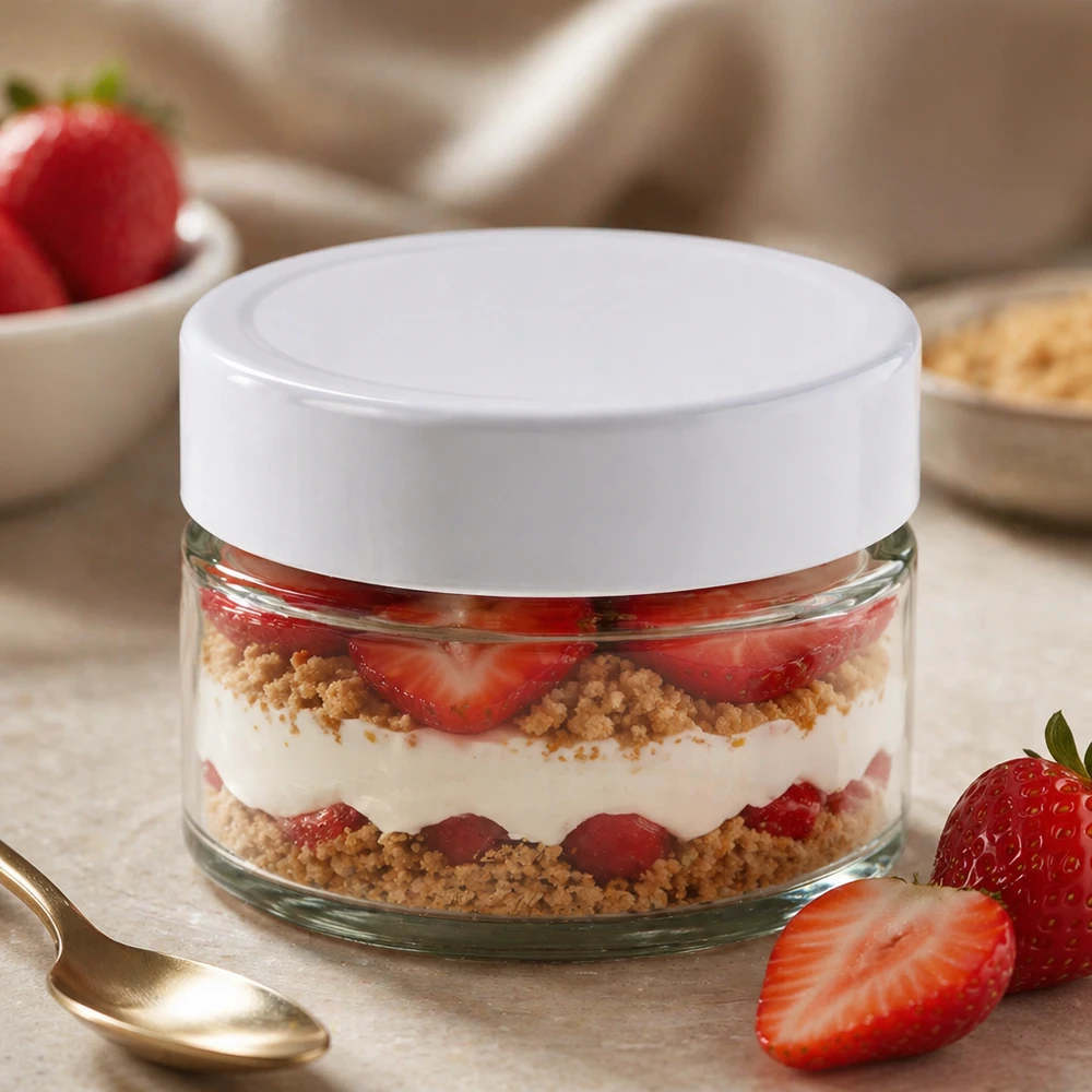 130ml BasicSeal witte ronde pot gevuld met aardbeien dessert gelaagd dessert - glazen pot voor zoete desserts