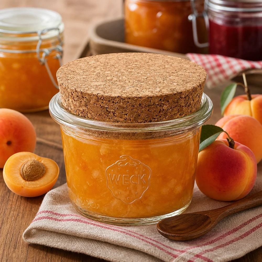 WECK 35ml RR40 kurken pot gevuld met abrikozenjam naast verse abrikozen op een houten tafel