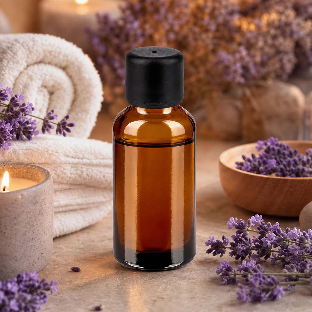 Elegant amberkleurig glazen flesje 30ml met zwarte schroefdop voor huidverzorging