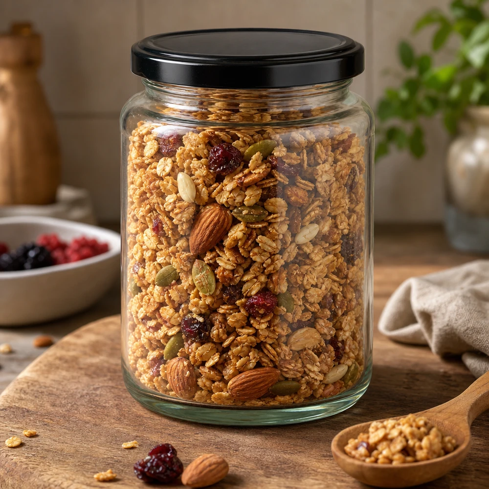 382ml ronde pot BasicSeal zwart gevuld met muesli noten gedroogd fruit voorraadpot keuken