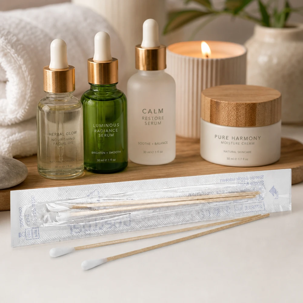 Wattenstaafjes STERIEL 1 paar Steriele wattenstaafjes, verpakt per twee in doorzichtige folie, voor een nauwkeurige cosmetica- en verzorgingsroutine