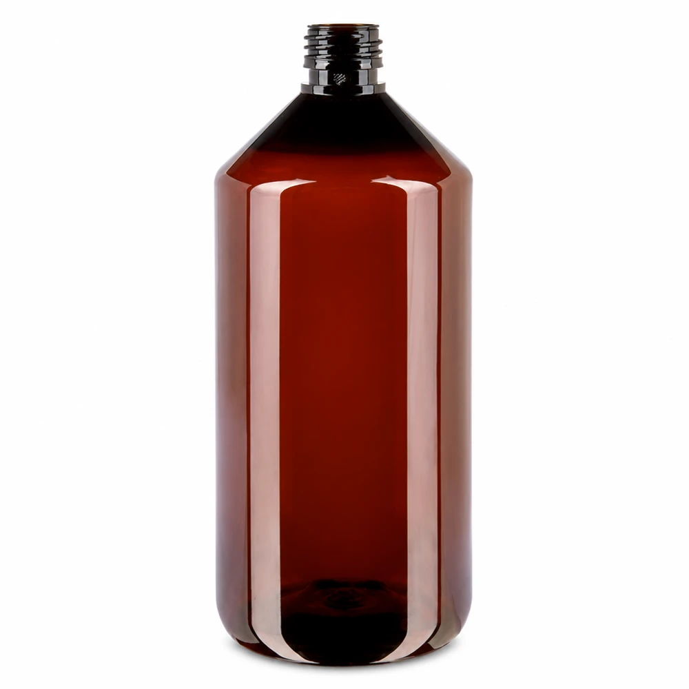 PET fles 1000ml PP28 zonder dop Grote fles van 1 liter, bruin transparant PET, voor cosmetica, chemie en farmacie
