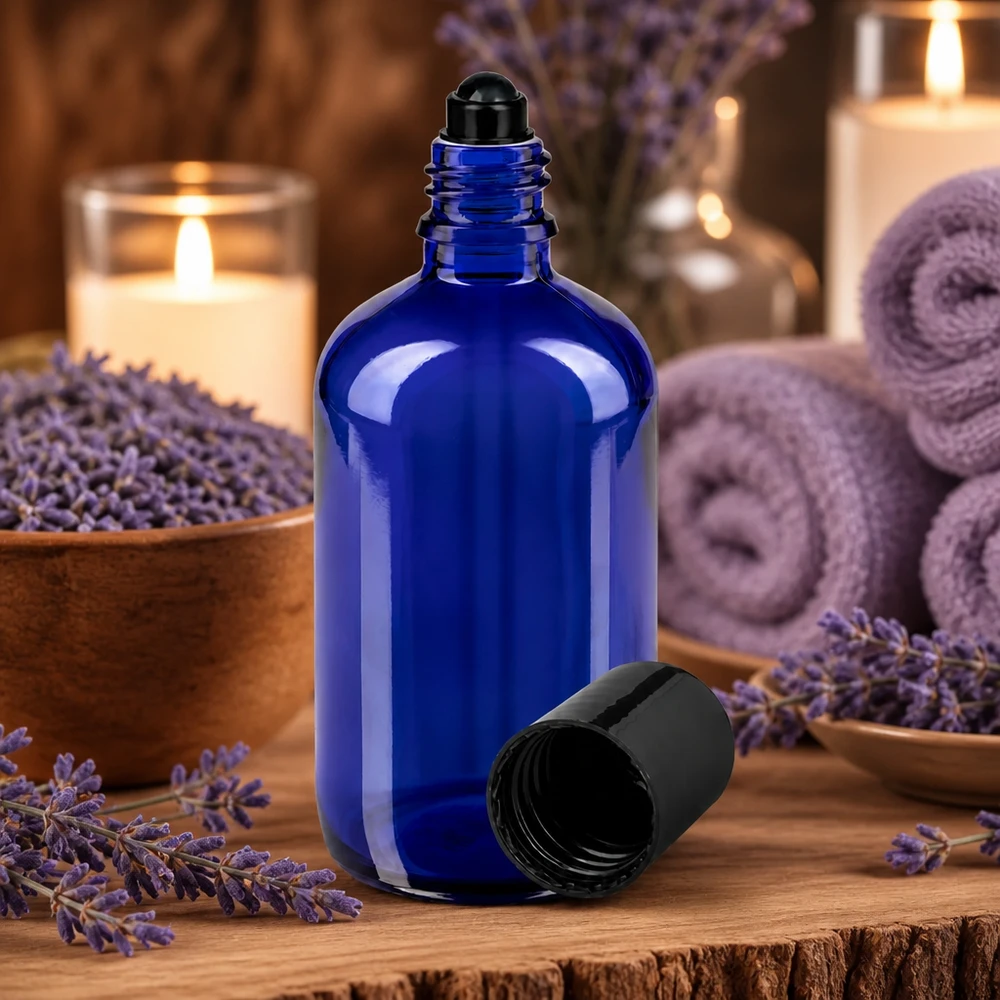 Glas deostick fles blauw 100ml, lege deo roller (Roll On) Roll-on-flesje van 100 ml van blauw apothekersglas voor etherische oliën, met lavendelversiering
